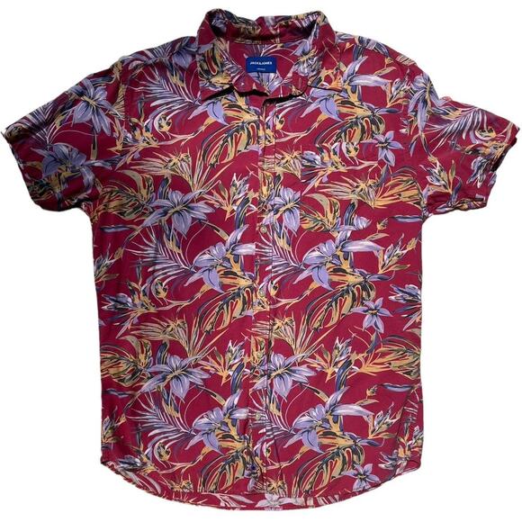 Floral Short Sleeve Button Up Mens Large Jack & Jones 100% Cotton Smart Casual - Picture 1 of 3